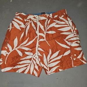 Caribbean Joe Orange and White Leaf Swim Trunks